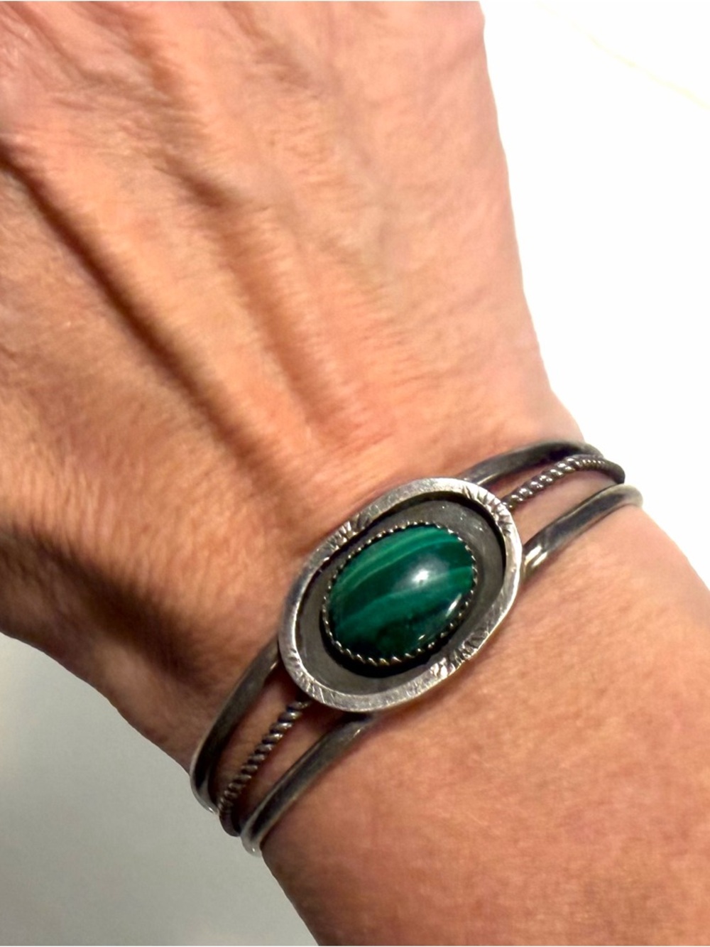 Sterling Silver Cuff Bracelet with Malachite Oval Stone